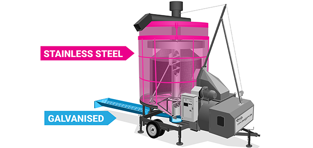 Stainless steel and galvanised sections of an OPICO Diesel Grain Dryer