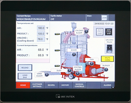 Touch Screen Controls - on Auto Models of OPICO Diesel Grain Dryers