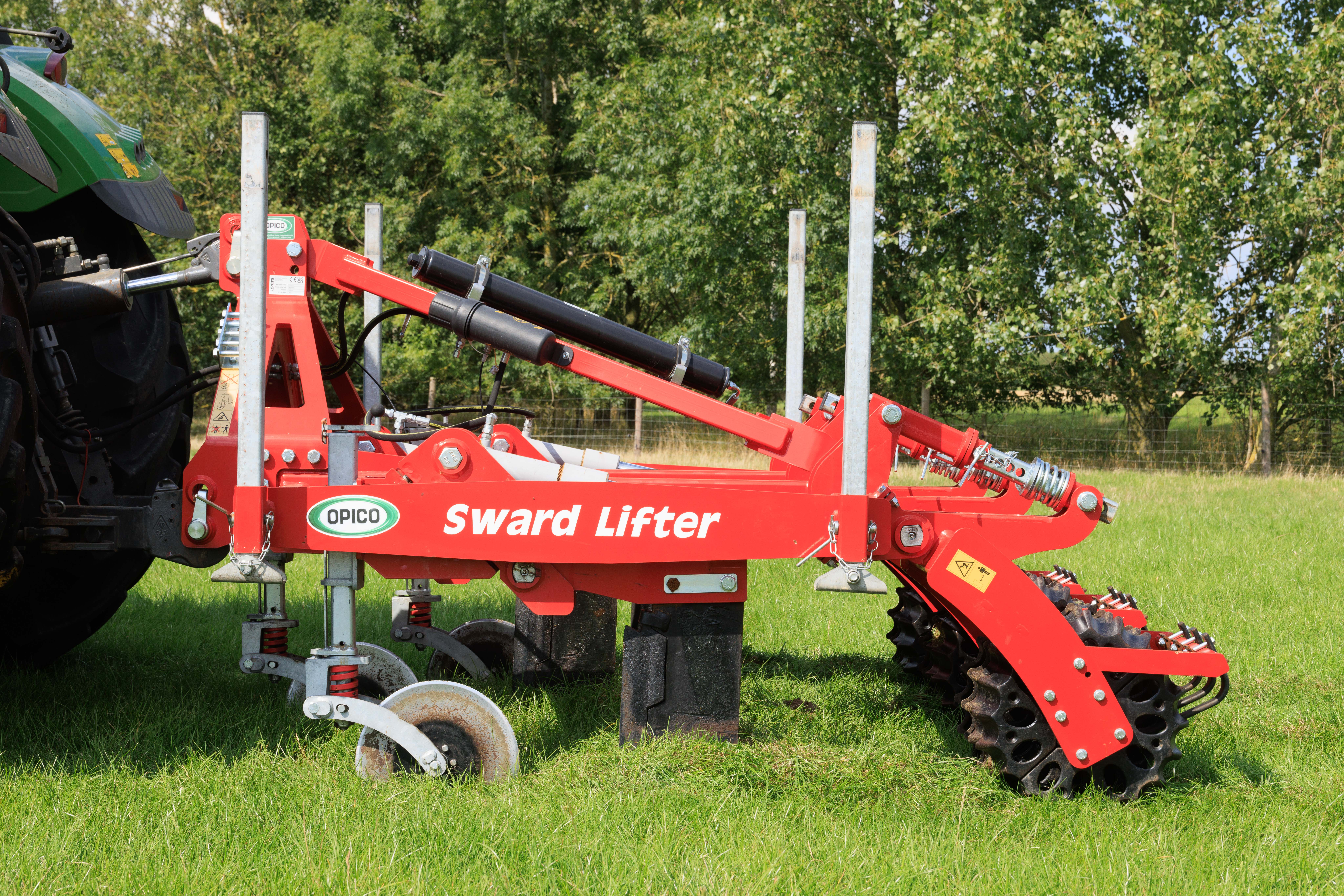 Side view of 3m OPICO Sward Lifter alleviating grassland compaction
